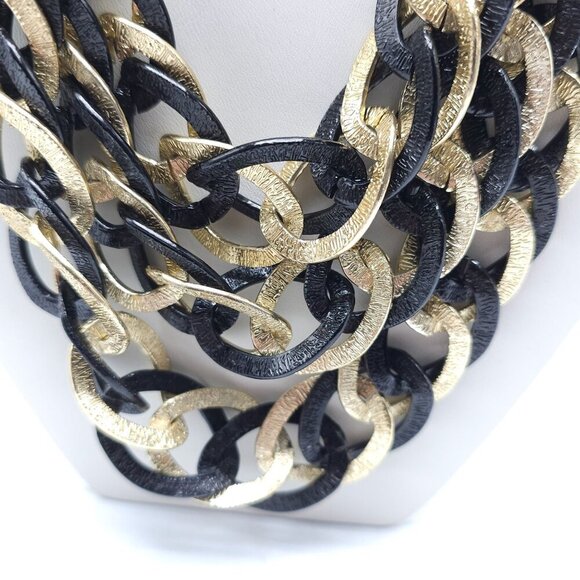 Black Gold Chunky Statement Necklace Matching Oval Drop Earrings Textured - Picture 2 of 9